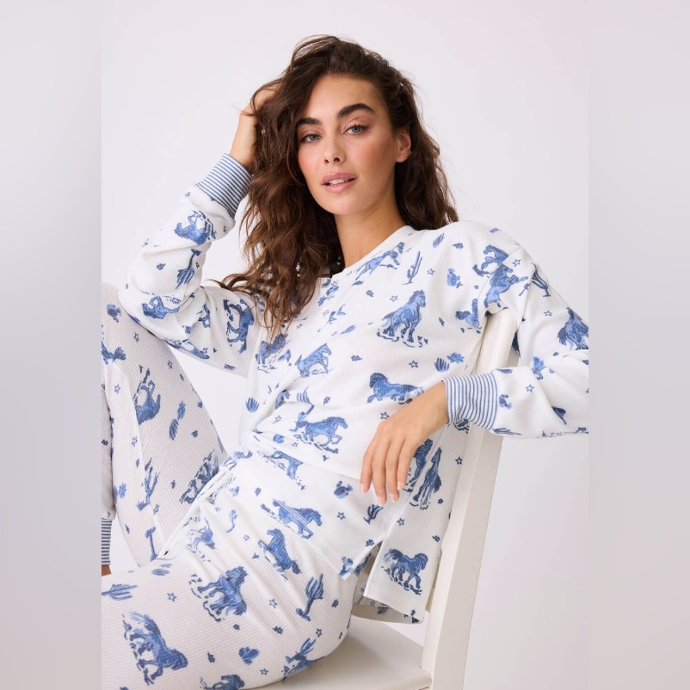 Blue Cowboy Print Jogger Pajama Set Top + Pants